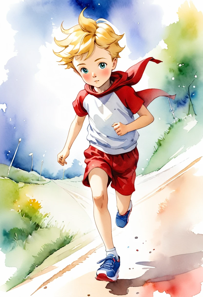 Le Petit Prince de Saint-Exupéry en train de faire un footing, avec un regard déterminé, chaussures de sport rouge, short de sport blanc, t-shirt de sport rouge, style aquarelle, colored