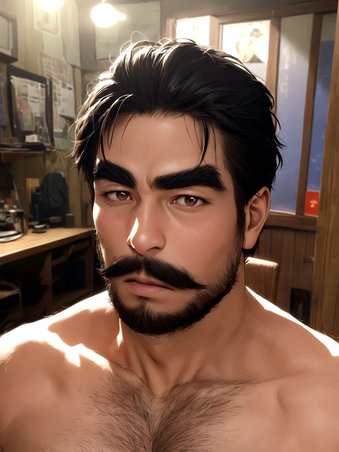 alone, View Viewer, short hair, One boy, Men&#39;s Center, nude, indoor, Facial hair, Thick eyebrows, beard, Memes, moustache, chest hair