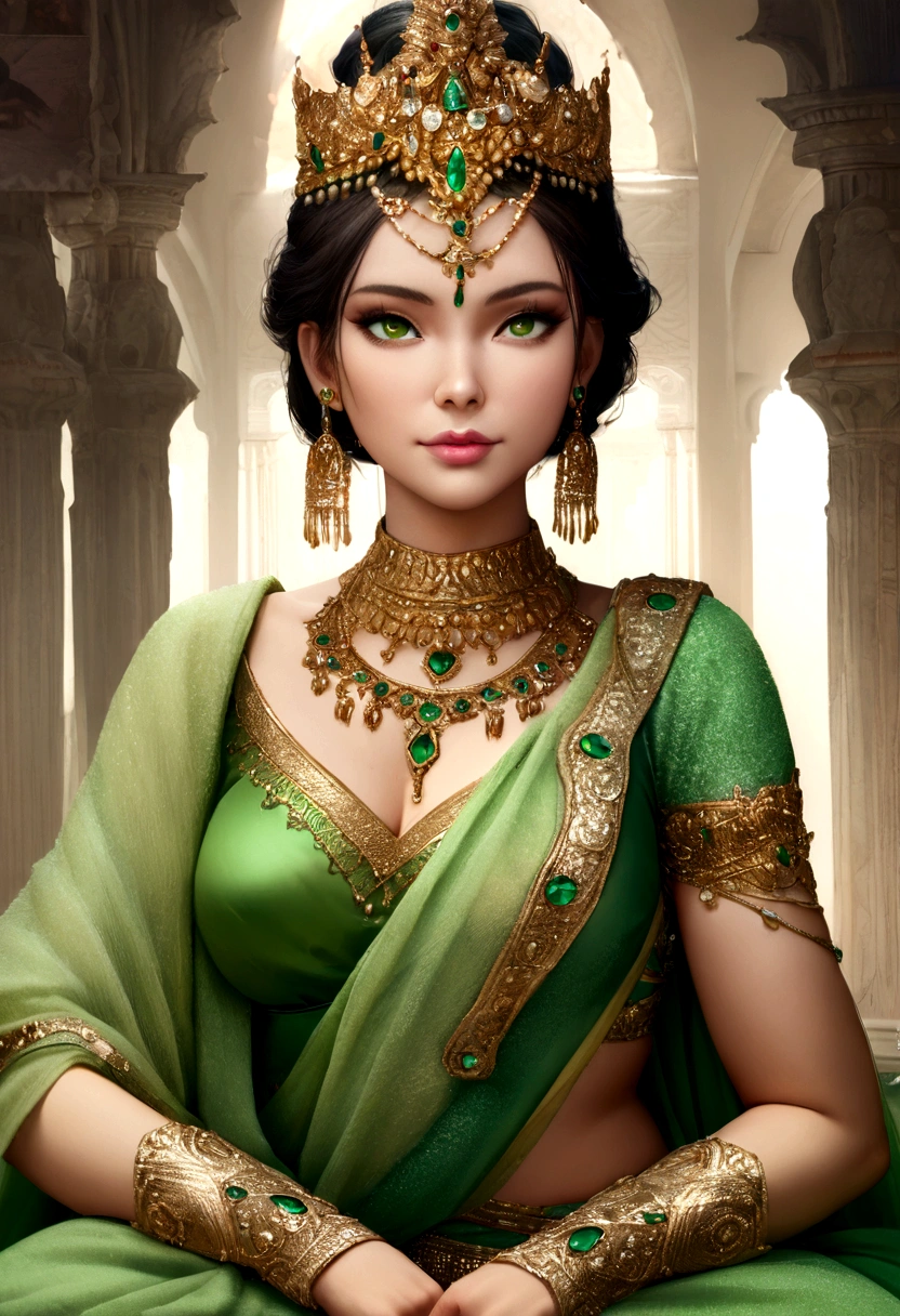 a woman in a green sari with a necklace and earrings, wearing elaborate green and gold, adorned with precious stones, indian style, indian super model, wearing green, draped in crystals, indian, captivating and enticing, covered in jewels, flowing shimmering fabrics, an elegant green, bejewelled and encrusted royalty, wearing elegant jewellery, dressed in a sari, RAW photo, ultra high resolution, ultra realistic,( photo realistic: 1.4 ), UHD:1, 8K, masterpiece, best quality, normal hand, detailed all fingers, Highly detailed face and skin texture, fine eyes, Shiny skin, Double eyelids, 1girl, normal fingers, detailed fingers, curvy figure,