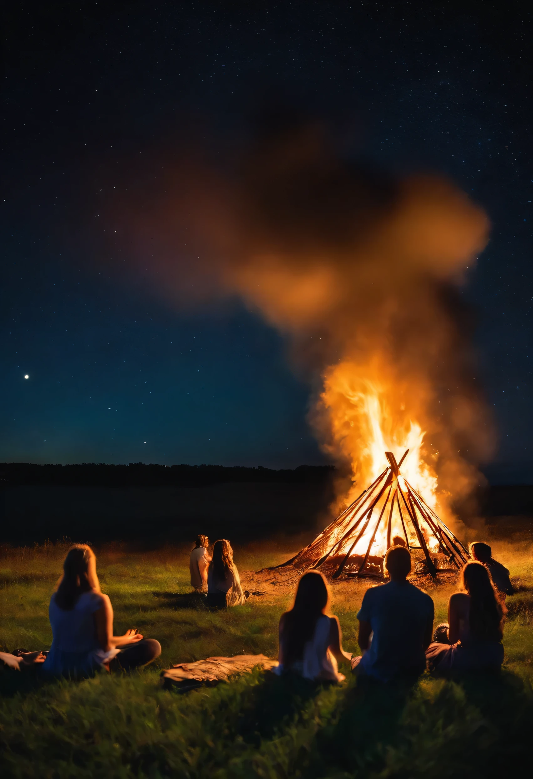 A starry night A field with a bonfire in the middle And several young people around the bonfire, some with bible, some with their hands up as if in worship And Jesus coming from heaven near the fire
