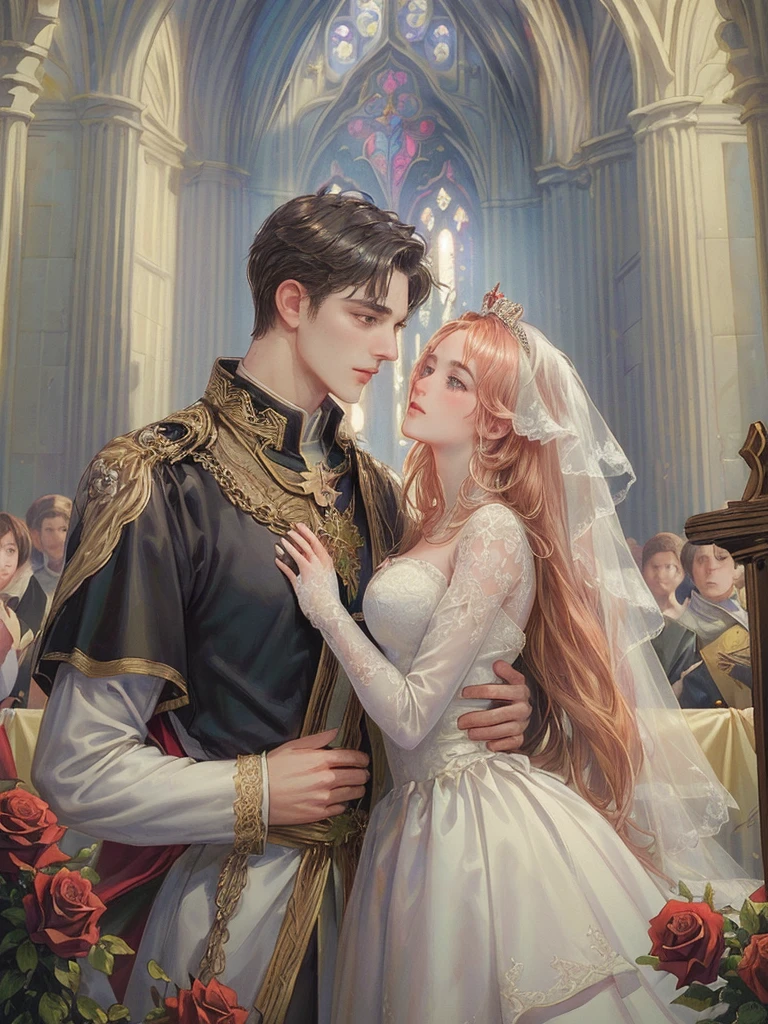 (((Best quality)), ((masterpiece)), (detailed), ((perfect face)), ((halfbody)) , 1 woman and 1 man, Make eye contact, female saint, Crown Prince, non-consensual marriage, romantic backdrop, Church, cathedral, wedding waste, rose petals, 