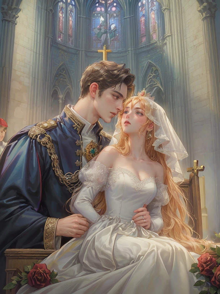 (((Best quality)), ((masterpiece)), (detailed), ((perfect face)), ((halfbody)) , 1 woman and 1 man, Make eye contact, female saint, Crown Prince, non-consensual marriage, romantic backdrop, Church, cathedral, wedding waste, rose petals,