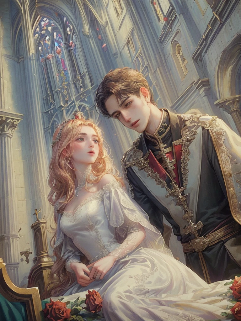 (((Best quality)), ((masterpiece)), (detailed), ((perfect face)), ((halfbody)) , 1 woman and 1 man, Make eye contact, female saint, Crown Prince, non-consensual marriage, romantic backdrop, Church, cathedral, wedding waste, rose petals,