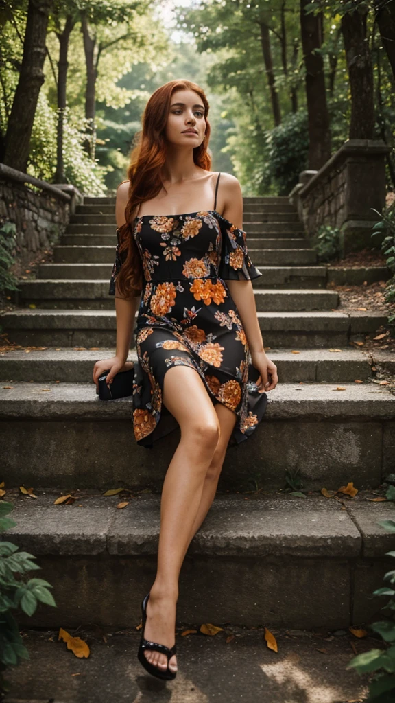 (((Masterpiece))), 25-year-old Caucasian French girl with shoulder-length messy red hair, adorned with an orange crystal glow, blooming hair akin to . Certainly!

Dressed in a short floral-patterned dress, she sits on stone steps among the forest, and at the top there is a road where a black BMW M5 stands, bmw black, bmw m5 black