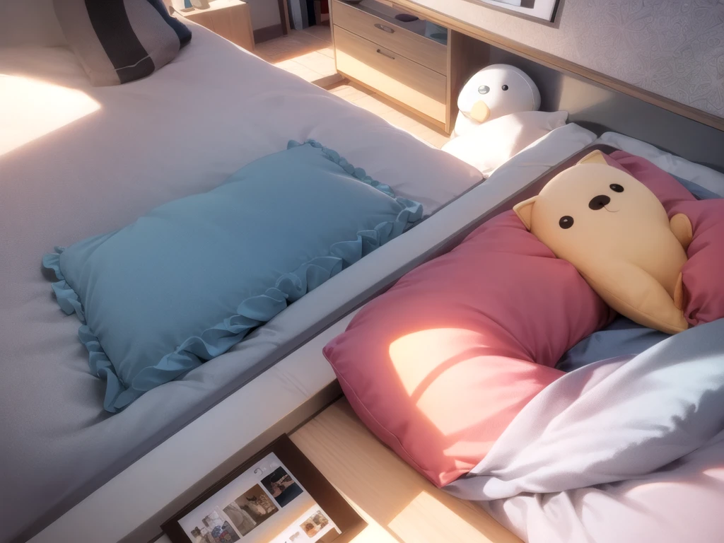 bed, top view, soft toys, pillows, photos, sun rays, window edge((not humans)),((background))