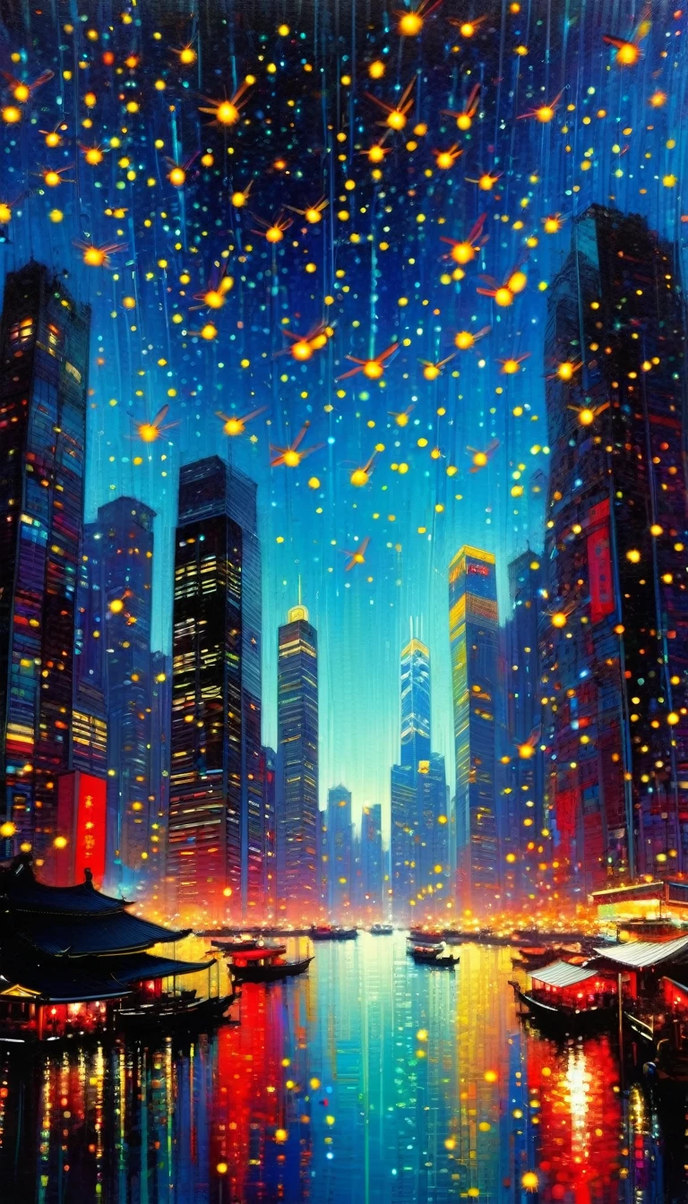 (((Best quality))), (((Ultra detailed))), ((((vivid)))), (((beautiful detailed sky, hongkong))),hongkong night, dark sky, stars, shooting stars, lantern, lantern poles, ((((fireflies, particles)))), (red light), lake, landscape, (art inspired by Bill Sienkiewicz) oil painting, details of brush strokes that enhance depth)