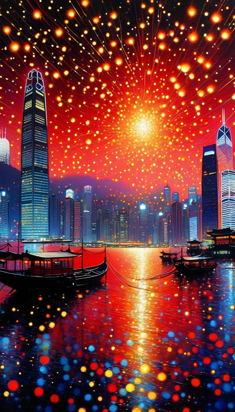 (((Best quality))), (((Ultra detailed))), ((((vivid)))), (((beautiful detailed sky, hongkong))),hongkong night, dark sky, stars, shooting stars, lantern, lantern poles, ((((fireflies, particles)))), (red light), lake, landscape, (art inspired by Bill Sienkiewicz) oil painting, details of brush strokes that enhance depth)
