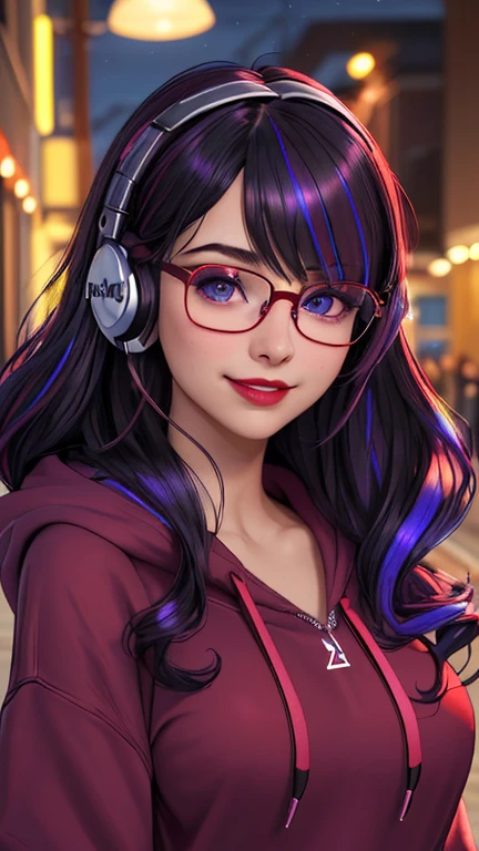 (best quality, masterpiece, perfect face, beautiful and aesthetic:1.2, colorful, dynamic angle, highest detailed face), 20 years old girl, medium, flirting on camera, 35mm, bokeh, 9:16, neon city, colorful lights, (intricate details, hyperdetailed:1.15), (high contrast, official art, extreme detailed, highest detailed), perfect face, female, gamer girl, aqua eyes, wearing red lipstick, light smile, medium black wavy hair, wavy hair with purple highlights, wearing headphones, nerdy glasses, with black frames, bangs, she is wearing an over sized hoodie, the hoodie is wine-red colored, big breasts, nighttime, alley way, 3/4 body view