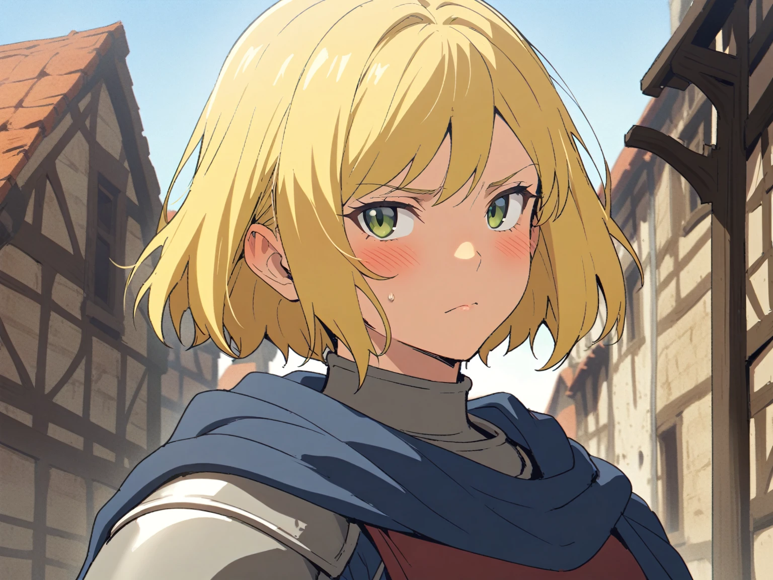 {{portrait, face focus, pov, from side}} {{Artist: Sincos}} 1girl, solo, muscular female, mature female, androgynous, tomboy, blonde hair, very short hair, bob cut, green eyes,plate armor, flat chest, blue cloth, blue cloak, leather belt, looking to side, looking at viewer, flustered, closed mouth, in town, day, beautiful, medieval fantasy.