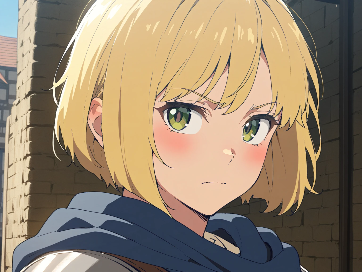 {{portrait, face focus, pov, from side}} {{Artist: Sincos}} 1girl, solo, muscular female, mature female, androgynous, tomboy, blonde hair, very short hair, bob cut, green eyes,plate armor, flat chest, blue cloth, blue cloak, leather belt, looking to side, looking at viewer, flustered, closed mouth, in town, day, beautiful, medieval fantasy.
