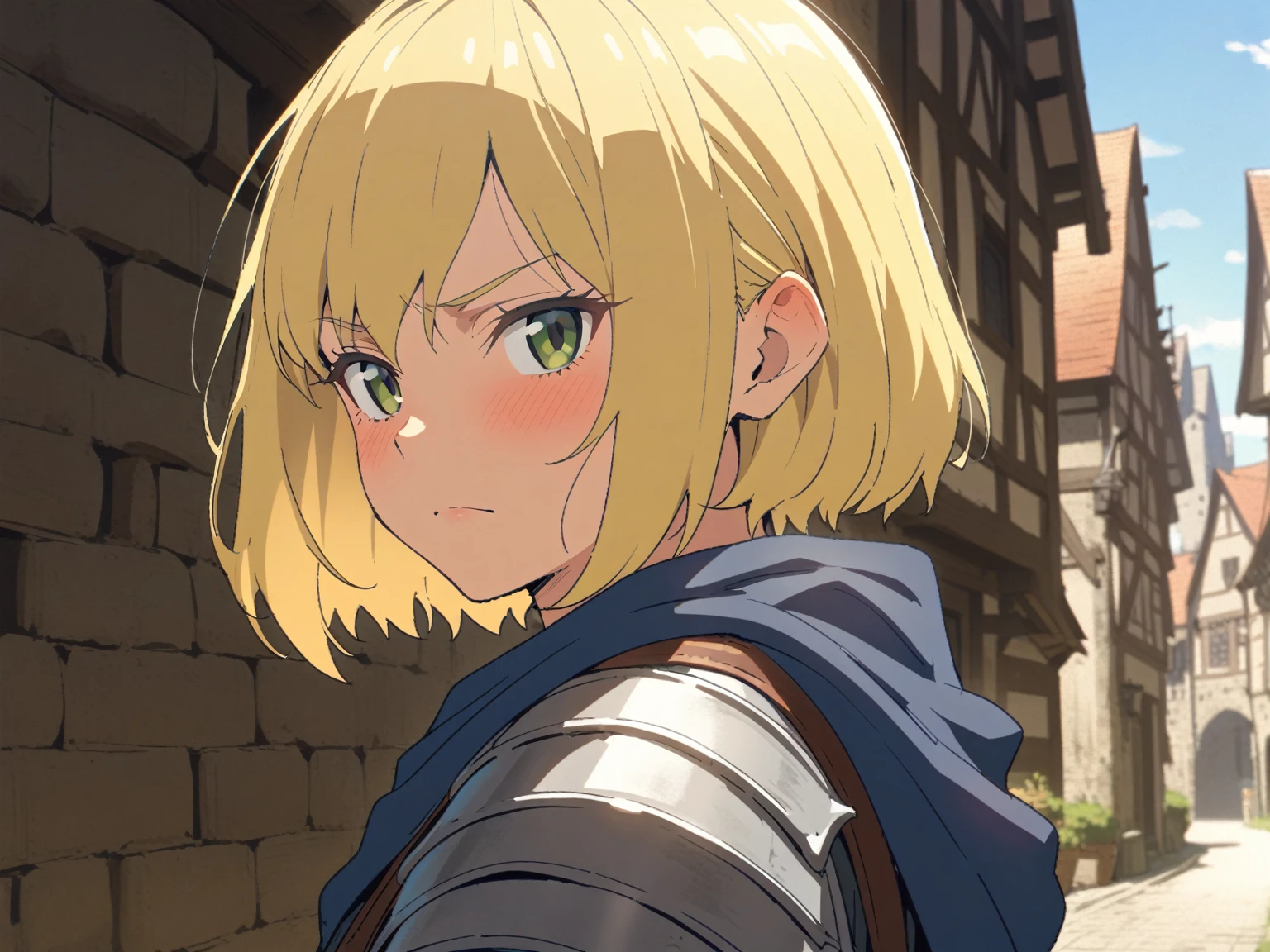 {{portrait, face focus, pov, from side}} {{Artist: Sincos}} 1girl, solo, muscular female, mature female, androgynous, tomboy, blonde hair, very short hair, bob cut, green eyes,plate armor, flat chest, blue cloth, blue cloak, leather belt, looking to side, looking at viewer, flustered, closed mouth, in town, day, beautiful, medieval fantasy.