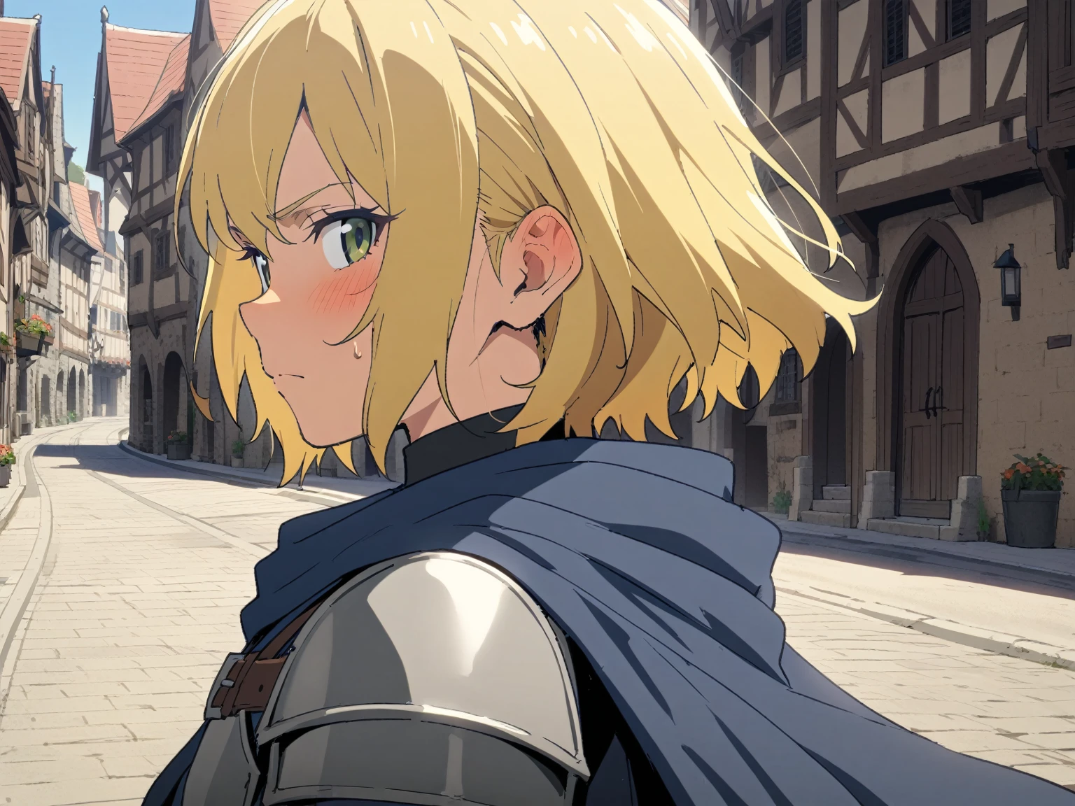 {{portrait, face focus, pov, from side}} {{Artist: Sincos}} 1girl, solo, muscular female, mature female, androgynous, tomboy, blonde hair, very short hair, bob cut, green eyes,plate armor, flat chest, blue cloth, blue cloak, leather belt, looking to side, looking at viewer, flustered, closed mouth, in town, day, beautiful, medieval fantasy.