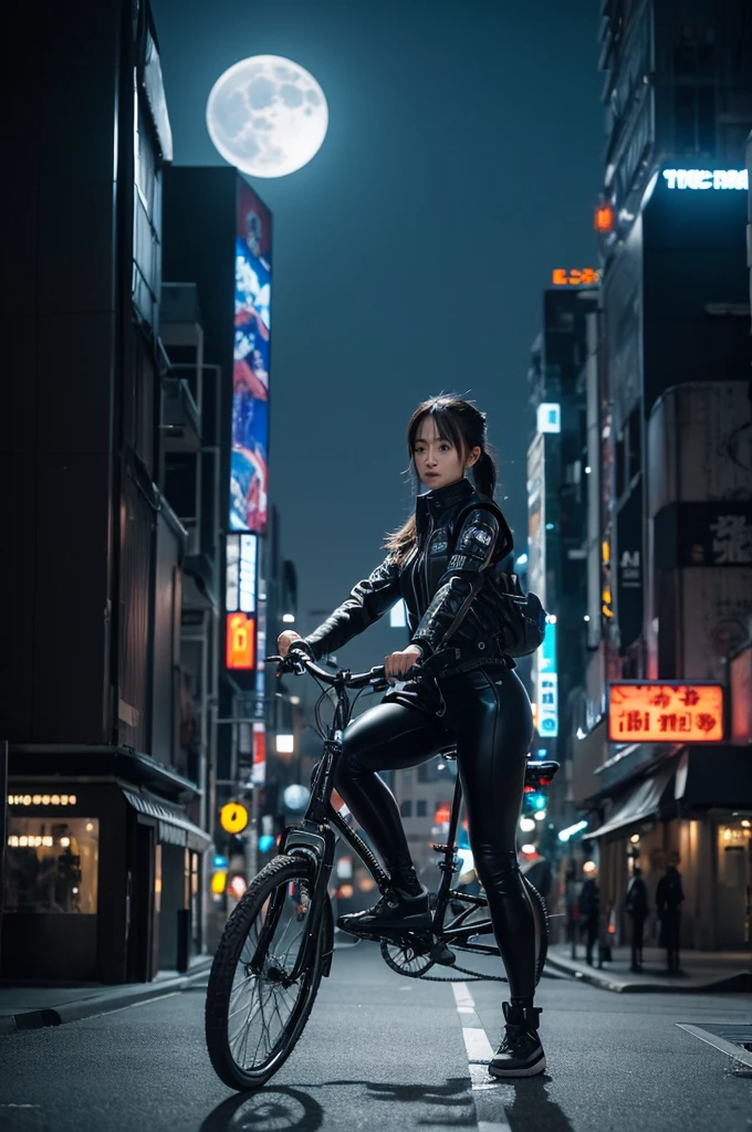highest quality, masterpiece, photograph, 4K, photographrealistic, Very detailed,
One girl riding a bike, Techwear, Cyberpunk City, alone, Futuristic, Huge moon in the background, Black and White, by Akira Toriyama, close,