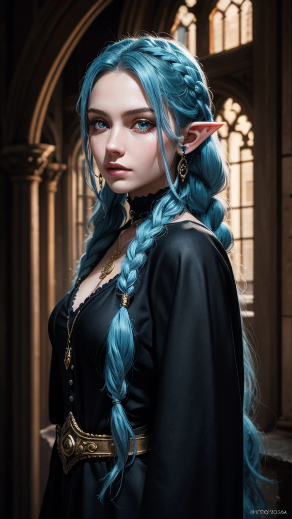 RAW, professional photograph, medium shot, photorealistic, hyper-realistic, ray tracing, super detail, UHD, 8k, female elf, twenty years old, goddess, gold jewelry, athletic body, soft facial features, braided hair, long hair, light blue hair, blue eyes, gothic style, dark dungeon, gothic architecture