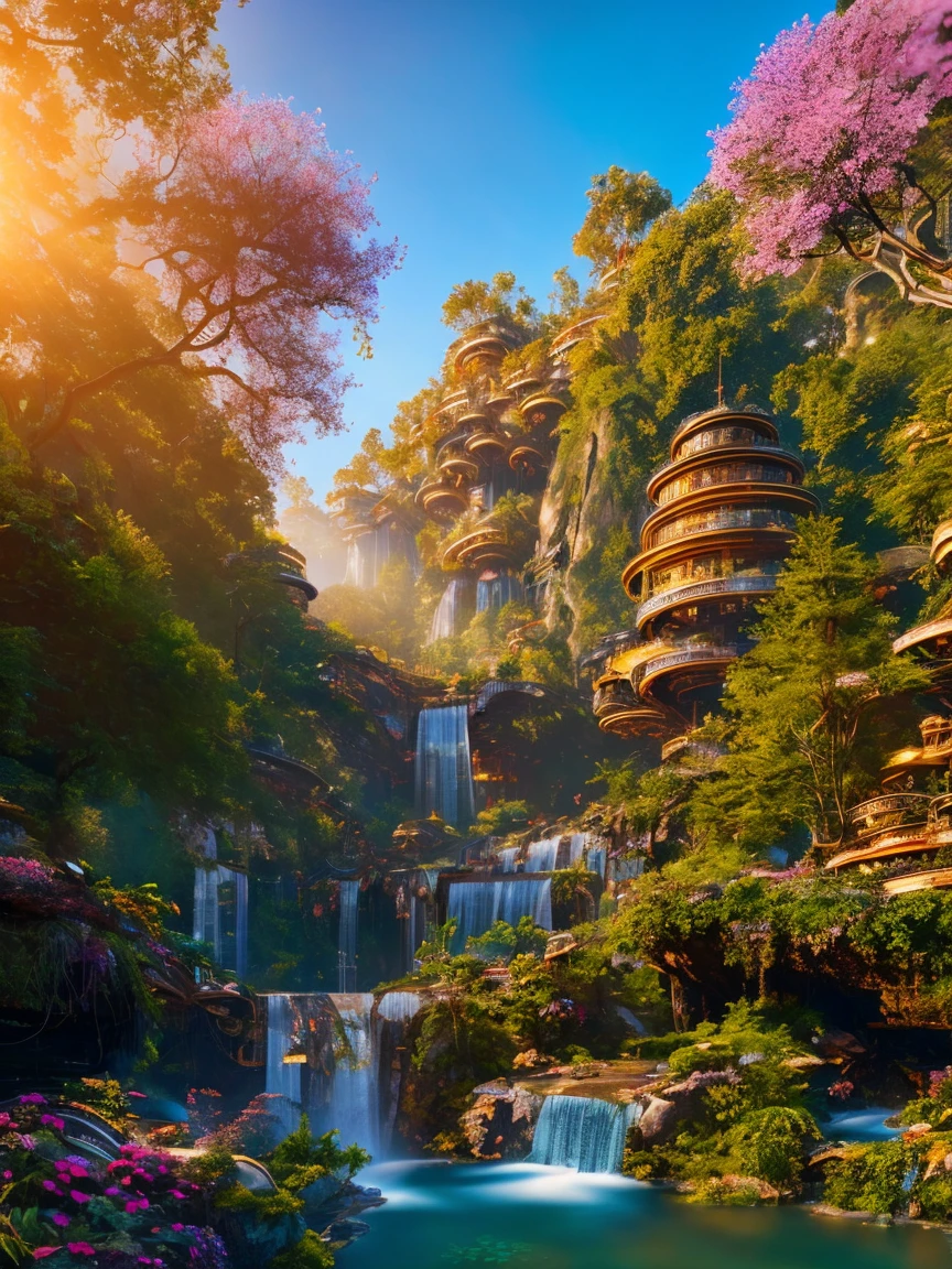 Science Fiction, Cities stempunk futuristic design large city, a artificial waterfall and a pond with colorful flowers in the middle, nature meets forest architecture, built inside dark forest, real nature, realistic image, steampunk technology, steampunk architecture, luxury architecture, realistic photography, epic and stunning, architectural visualization, epic architecture, 8k, higly detaiked and texture, ultra hd, ultra detailed, HDR style, rays light, golden hour