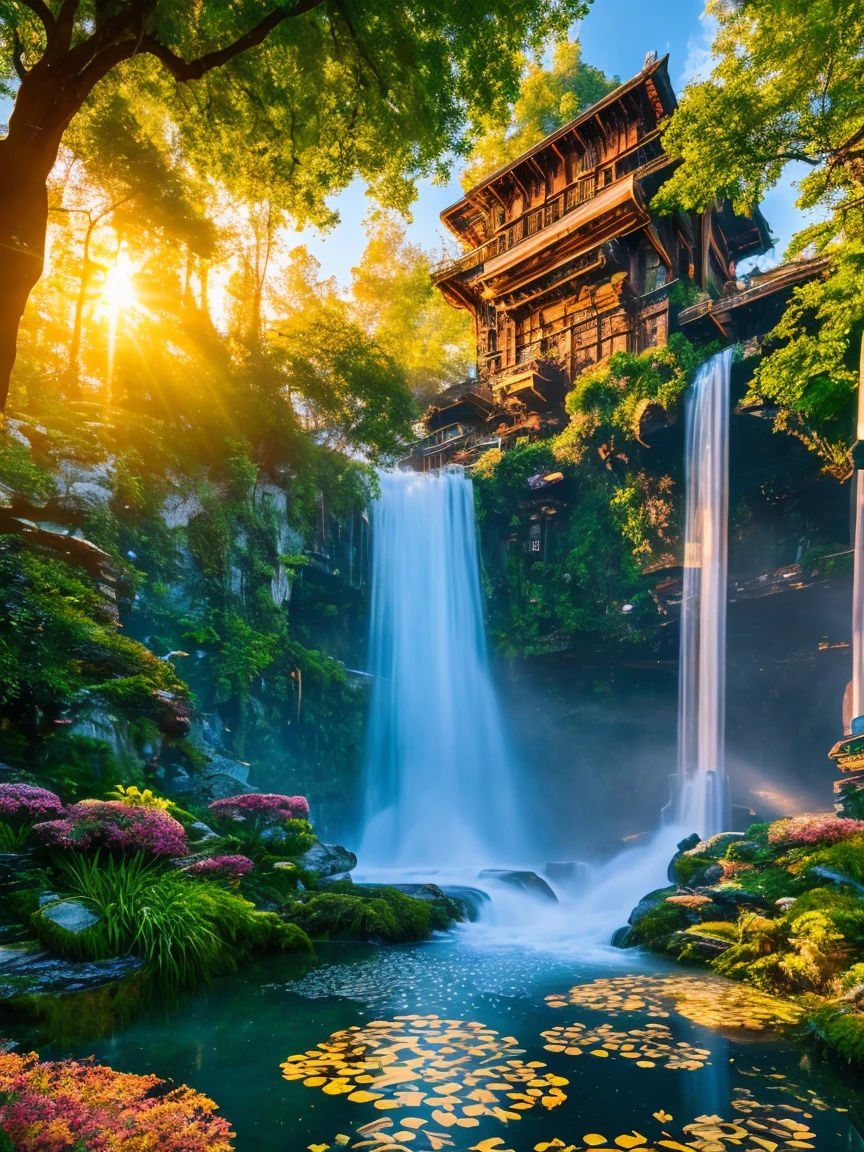 Science Fiction, Cities stempunk futuristic design large city, a artificial waterfall and a pond with colorful flowers in the middle, nature meets forest architecture, built inside dark forest, real nature, realistic image, steampunk technology, steampunk architecture, luxury architecture, realistic photography, epic and stunning, architectural visualization, epic architecture, 8k, higly detaiked and texture, ultra hd, ultra detailed, HDR style, rays light, golden hour