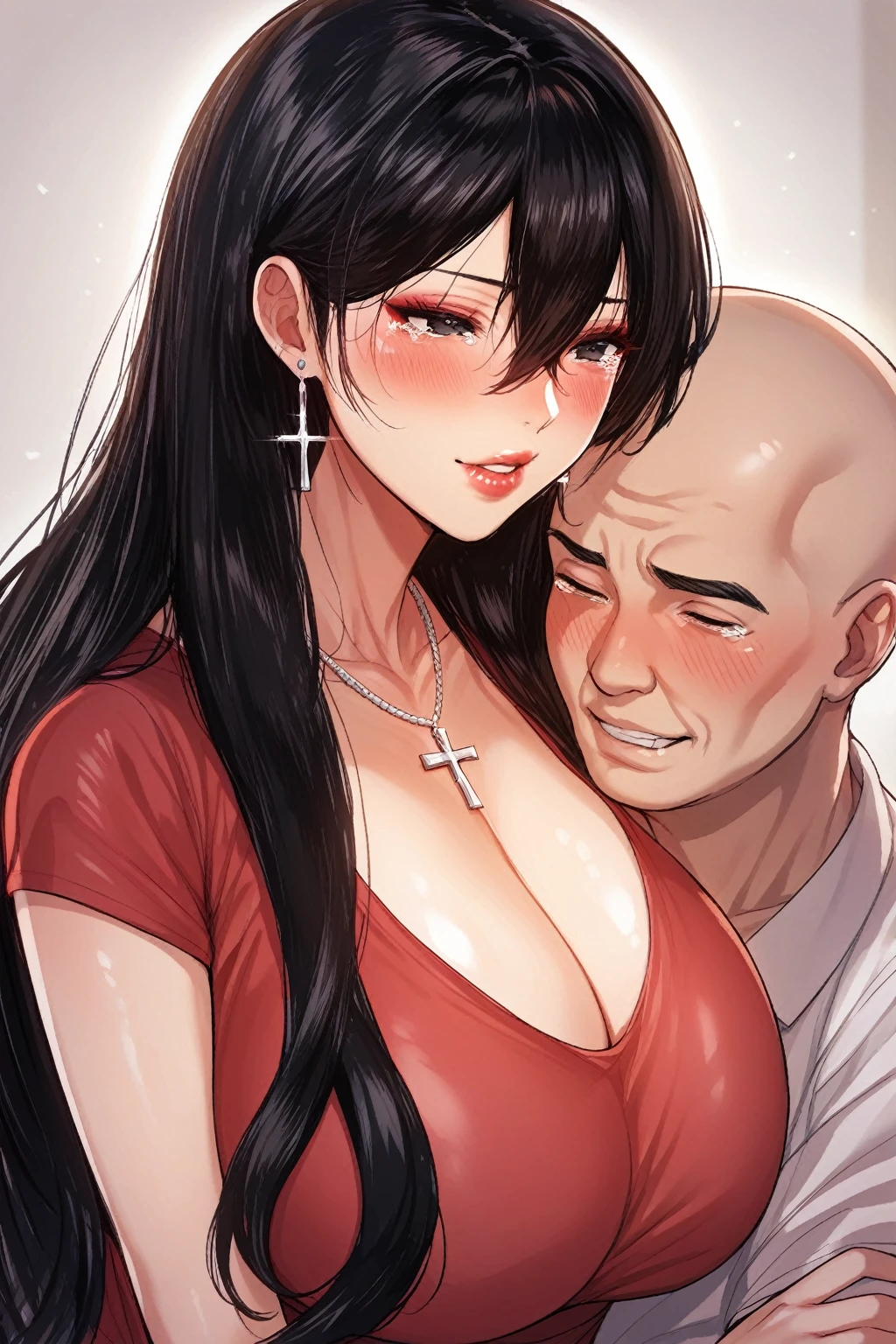 Hot sexy beautiful milf biting lips of bald ugly fat old man , tear drop earrings,big breasts, lipstick,makeup,black hair,long hair,blush,black eyes,1 girl,1 boy, necklace ,cross hair between eyes,red see through t shirt,black skirt,suprised expression