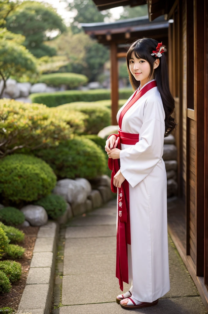 Red hakama, red Japanese style pants, the lower half of the costume is red, Main hall of the shrine, Shrine maiden, ((full body)), ((photo)), ((best qualtiy, 8K, tmasterpiece: 1.3)), Focus: 1.2, perfect figure beautiful girl: 1.4, 1girl, cowboy shot, look at viewer, incredibly absurd, beautiful and cute girl with a photorealistic face, showcasing top-quality craftsmanship, Japanese girl sweeping the garden at the shrine, 17 years old, Her hair is half-up with smooth curls, glossy jet black long hair, Gentle features, Big deep brown eyes, Small face, Fair skin, Translucent, Smooth and silky skin, Natural eyebrow shape, Thin lips, Soft smile,, delicate, Well-balanced proportions, B cup small breasts, Simple and elegant shrine maiden costume, White robe and red hakama,, Beautiful girl, Clean, Healing, Moe, Elegant manners, Kind, Tolerant, Humble, Sincere, Deep faith, January