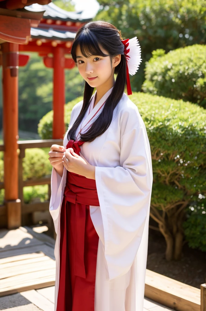 Red hakama, red Japanese style pants, the lower half of the costume is red, Main hall of the shrine, Shrine maiden, ((full body)), ((photo)), ((best qualtiy, 8K, tmasterpiece: 1.3)), Focus: 1.2, perfect figure beautiful girl: 1.4, 1girl, cowboy shot, look at viewer, incredibly absurd, beautiful and cute girl with a photorealistic face, showcasing top-quality craftsmanship, Japanese girl sweeping the garden at the shrine, 17 years old, Her hair is half-up with smooth curls, glossy jet black long hair, Gentle features, Big deep brown eyes, Small face, Fair skin, Translucent, Smooth and silky skin, Natural eyebrow shape, Thin lips, Soft smile,, delicate, Well-balanced proportions, B cup small breasts, Simple and elegant shrine maiden costume, White robe and red hakama,, Beautiful girl, Clean, Healing, Moe, Elegant manners, Kind, Tolerant, Humble, Sincere, Deep faith, January