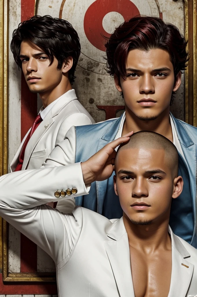 18 year old young man , con tes clara , cabello color blanco , ojos rojos y un traje de pirata muy corto, estilo One piece