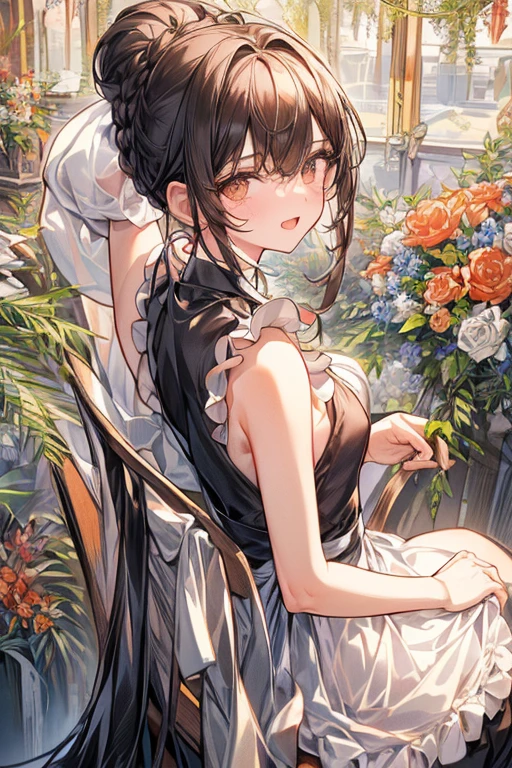 (from above:1.2),(from side:0.6),(Close-Up:0.4), (A masterpiece of image quality in 8K),(Beautiful Allafed Woman),(((emphasizing breasts:1.1))),(Dynamic angles),(Dynamic and sexy bending pose:1.3),(sit a chair:1.2),(Short hair in shiny silver and orange inner colors,small full breasts,Disturbance of clothing due to movement,breast slip,(Ponytail twisted buns adorned with elaborate braids and beads,Braided Setup Fishbone Hair:1.2),(see-through bangs),small breasts,(((A brown lace apron that shows your bare skin from under your small breasts.......)))、garters,Blush with embarrassment、Enraptured eyes、 little open mouth,A smile that beguiles the viewer、(Look back:1.2)、Look into the photographer,skin glistening with sweat,gazing at viewer,,(Professional Lighting),(masutepiece,top-quality,Ultra-high resolution output image,),(Ultra HD with complex detail image modes),depth of fields,Beautiful hands,Beautiful fingers,Detailed finger features,(Detailed hair features:1.7),detailed facial features,detailed clothes features,