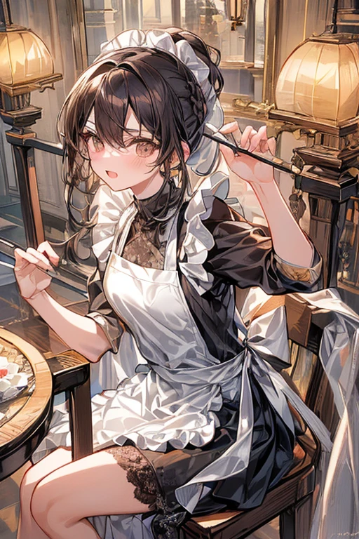 (from above:1.2),(from side:0.6),(Close-Up:0.4), (A masterpiece of image quality in 8K),(Beautiful Allafed Woman),(((emphasizing breasts:1.1))),(Dynamic angles),(Dynamic and sexy bending pose:1.3),(sit a chair:1.2),(Short hair in shiny silver and orange inner colors,small full breasts,Disturbance of clothing due to movement,breast slip,(Ponytail twisted buns adorned with elaborate braids and beads,Braided Setup Fishbone Hair:1.2),(see-through bangs),small breasts,(((A brown lace apron that shows your bare skin from under your small breasts.......)))、garters,Blush with embarrassment、Enraptured eyes、 little open mouth,A smile that beguiles the viewer、(Look back:1.2)、Look into the photographer,skin glistening with sweat,gazing at viewer,,(Professional Lighting),(masutepiece,top-quality,Ultra-high resolution output image,),(Ultra HD with complex detail image modes),depth of fields,Beautiful hands,Beautiful fingers,Detailed finger features,(Detailed hair features:1.7),detailed facial features,detailed clothes features,