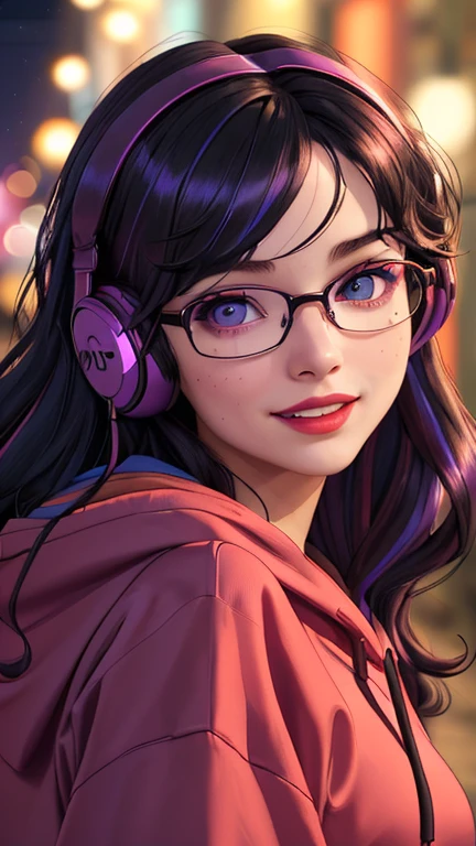 (best quality, masterpiece, perfect face, beautiful and aesthetic:1.2, colorful, dynamic angle, highest detailed face), 20 years old girl, medium, flirting on camera, 35mm, bokeh, 9:16, neon city, colorful lights, (intricate details, hyperdetailed:1.15), (high contrast, official art, extreme detailed, highest detailed), perfect face, female, gamer girl, aqua eyes, wearing red lipstick, light smile, medium black wavy hair, wavy hair with purple highlights, wearing headphones, nerdy glasses with black frames, bangs, she is wearing an over sized hoodie, the hoodie is wine-red colored, nighttime, alley way, 3/4 body view