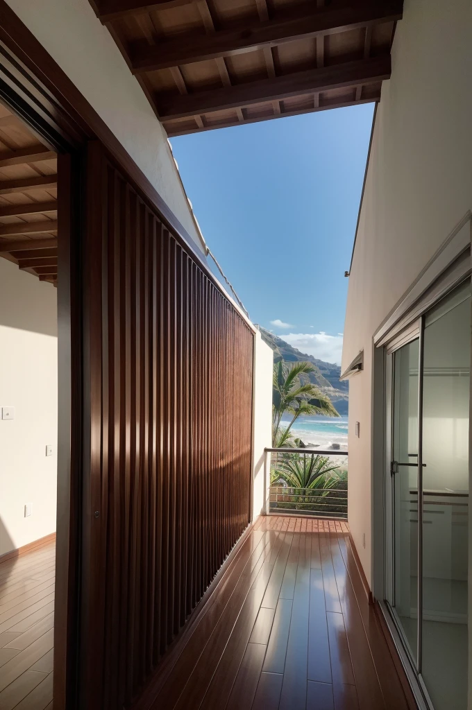 Uma fotografia de alta qualidade mostrando um ambiente elegante e moderno com deck e revestimentos de madeira.A madeira deve ser de alta qualidade, com uma cor quente e natural..A imagem deve ser capturada de uma perspectiva que mostre claramente o deck e o revestimento de madeira pegando a fachada da casa moderna