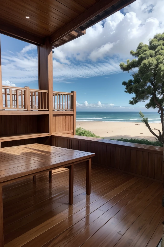Uma fotografia de alta qualidade mostrando um ambiente elegante e moderno com deck e revestimentos de madeira.A madeira deve ser de alta qualidade, com uma cor quente e natural..A imagem deve ser capturada de uma perspectiva que mostre claramente o deck e o revestimento de madeira pegando a fachada da casa moderna