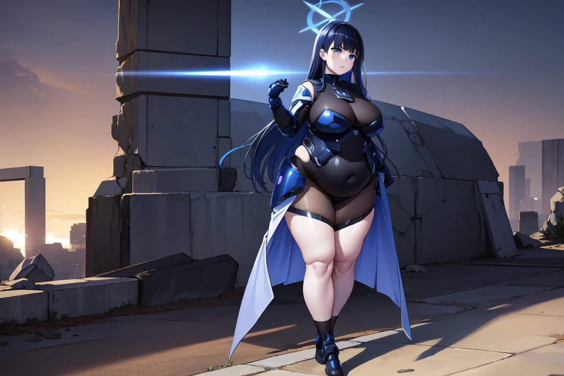1girl,solo, saorijoumae, saori joumae, blue eyes, dark blue hair, halo, long hair, hof, black bodysuit with blue parts, ancient space ruins, hi-tech armor pieces, face, fat legs, see through clothes, side boob