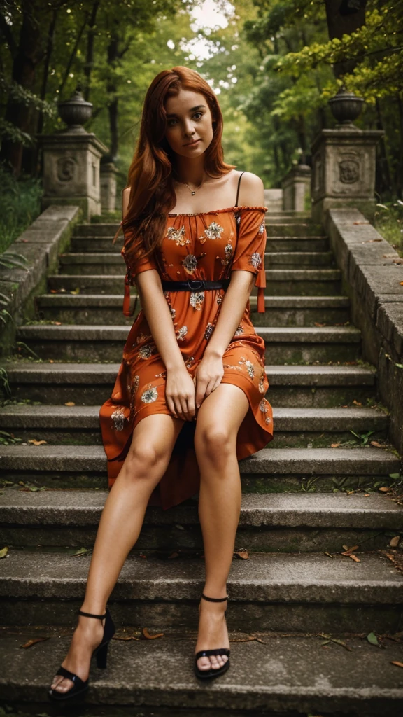 (((Masterpiece))), 25-year-old Caucasian French girl with shoulder-length messy red hair, adorned with an orange crystal glow, blooming hair akin to . Certainly!
Dressed in a red and Black short floral-patterned dress, she sits on stone steps among the forest, and at the top there is a road where a black BMW M5 stands, bmw black, bmw m5 black,