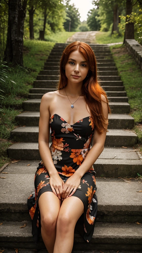 (((Masterpiece))), 25-year-old Caucasian French girl with shoulder-length messy red hair, adorned with an orange crystal glow, blooming hair akin to . Certainly!

Dressed in a  red and Black short floral-patterned dress, she sits on stone steps among the forest, and at the top there is a road where a black BMW M5 stands, bmw black, bmw m5 black, 
