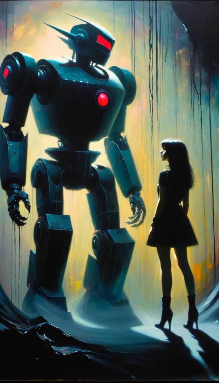 gothic punk sexy girl in love with robot giant monster (inspirational art by Dave McKean and Bill Sienkiewicz, oil painting, details of brush strokes that enhance depth) (best quality,4k,8k,highres,masterpiece:1.2),ultra-detailed,(realistic,photorealistic,photo-realistic:1.37),intricate details,vivid colors,sharp focus,professional,Dave McKean artwork, oil touch of surrealism,oil painting style,,dreamlike atmosphere,girl and giant robot, giant monster robot, sexy girl,shadow play,soft lighting,playful pose,minimalist room,dark hues,ethereal background,fantasy elements,texture,layered composition.
