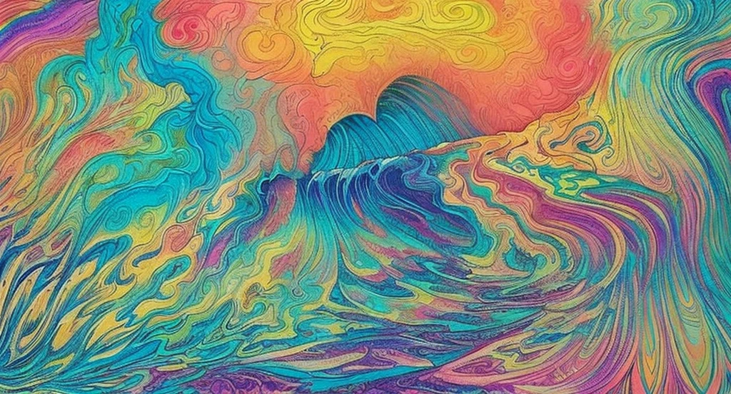a painting of waves with a rainbow colored swirls fine lines and details,