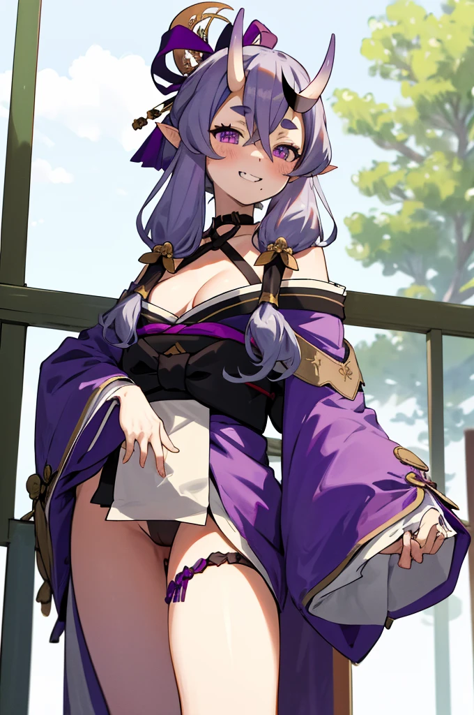 masterpiece, best quality, highres, aamikoto, low twintails, crescent hair ornament, bow, purple ribbon, short eyebrows, fang, off shoulder, purple kimono, short kimono, cleavage, sleeves past wrists, obi, sash, thigh strap, cowboy shot, standing, outdoors, smile, arms at sides, straight-on,(((nsfw,from below))),blush,looking viewer,grin,cleavage,