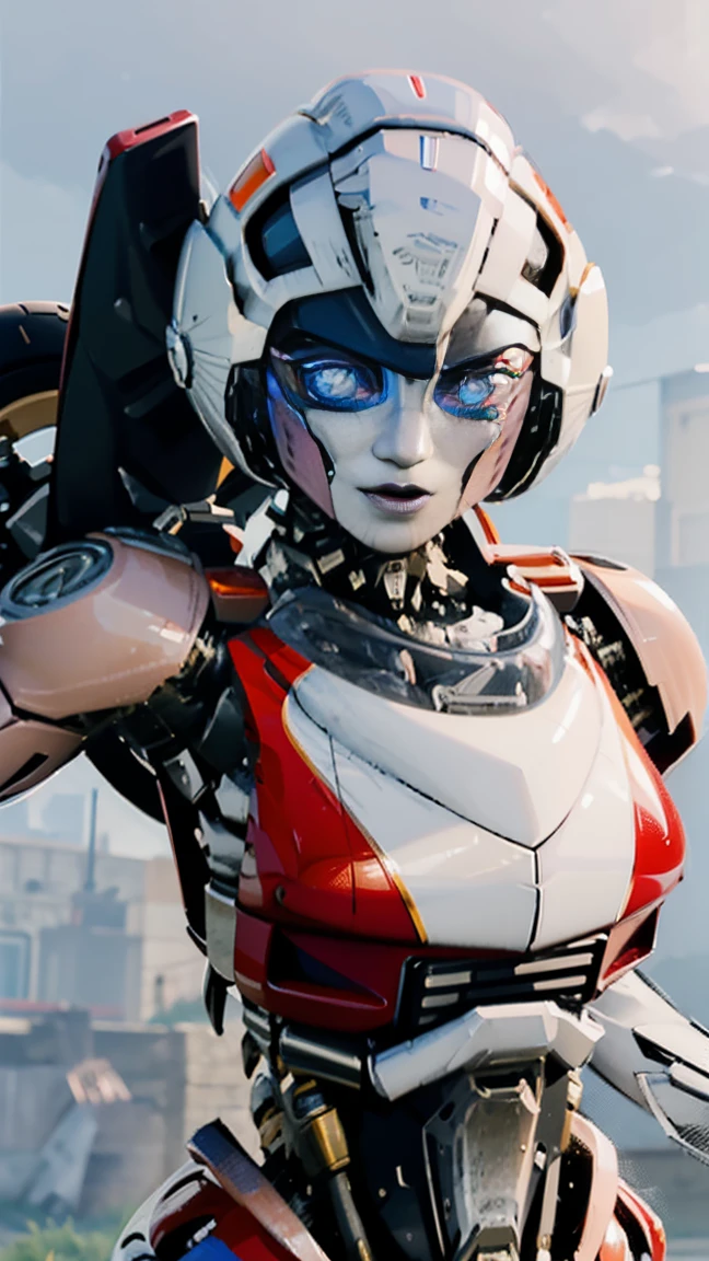 ROTB_Arcee, 1 chica, pechos grandes, innie pussy, sonrisa, robot, mecha, (ojos brillantes:1.2), Caderas anchas, ombligo, muslos gruesos, pose T , modelado 3d, voluptuosa, primer plano, enfoque frontal, retrato, de frente 1:2, mirando al observador frontal, squayting, modelado 3d , 3d , blender Cuerpo completo