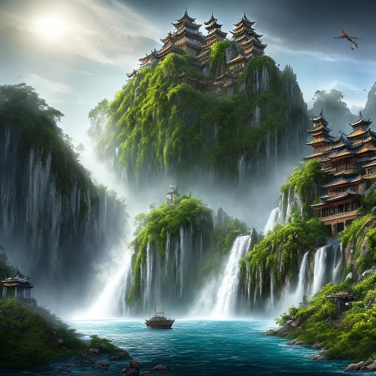 Many islands suspended in the air, airships flying large and small in the sky, martial arts, ancient Chinese architecture, waterfalls, fantasy, wonderland, growing magical plants, mist, extreme details, realistic light, epic composition, (intricate details), (hyper detail: 1.2), art station, (masterpiece, best quality, super HD), 32k --v 6