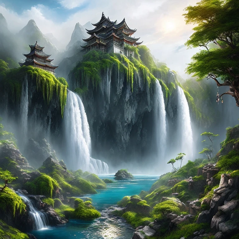 Many islands suspended in the air, airships flying large and small in the sky, martial arts, ancient Chinese architecture, waterfalls, fantasy, wonderland, growing magical plants, mist, extreme details, realistic light, epic composition, (intricate details), (hyper detail: 1.2), art station, (masterpiece, best quality, super HD), 32k --v 6