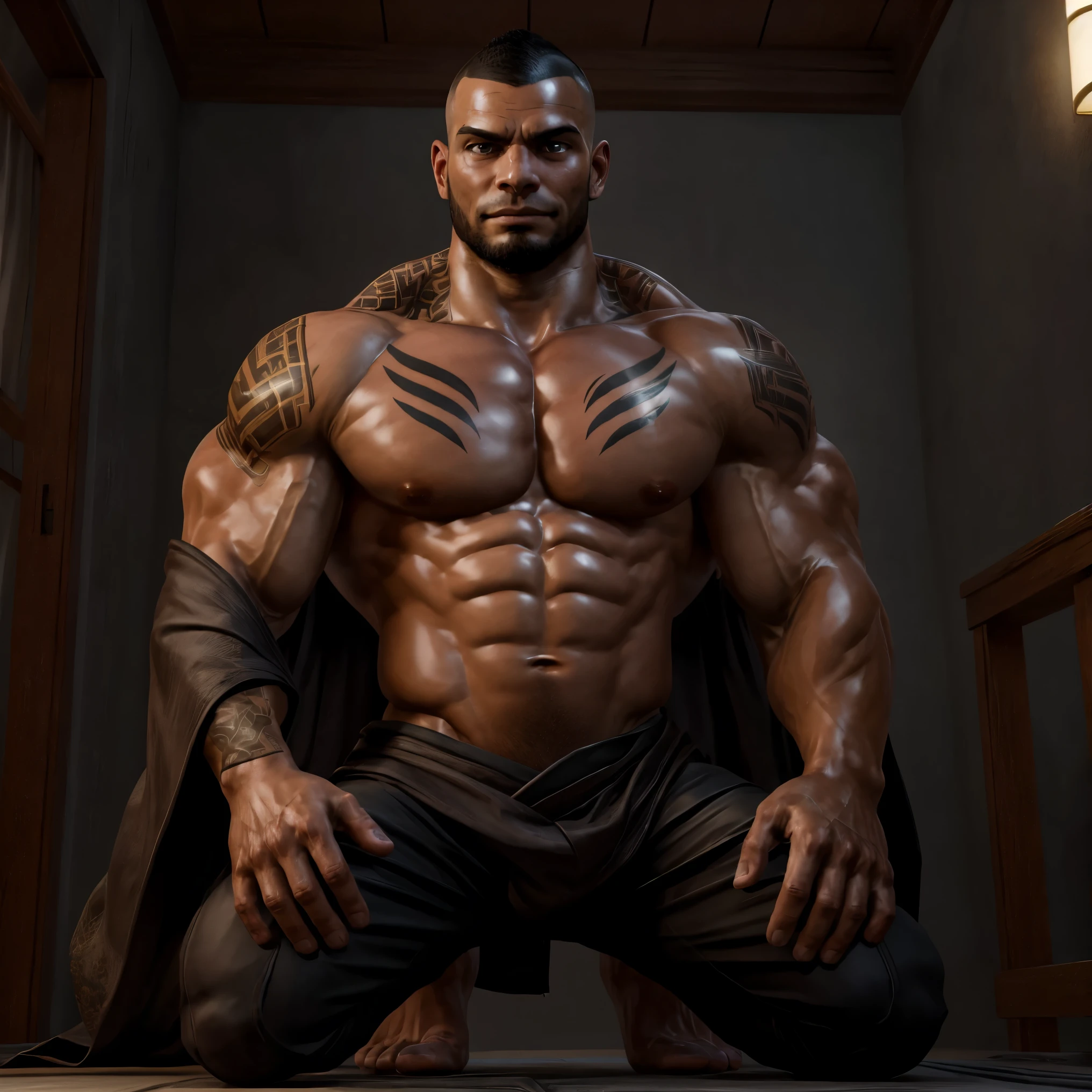 ultra realistic, unreal engine 5, james vega, dark skin, muscular, pectoral, abs, tattoo, buzz cut, beard, samurai, kimono, silk pants, kneeling, hands on knee, black eyes, smirk, raised eyebrows, looking at viewer,
