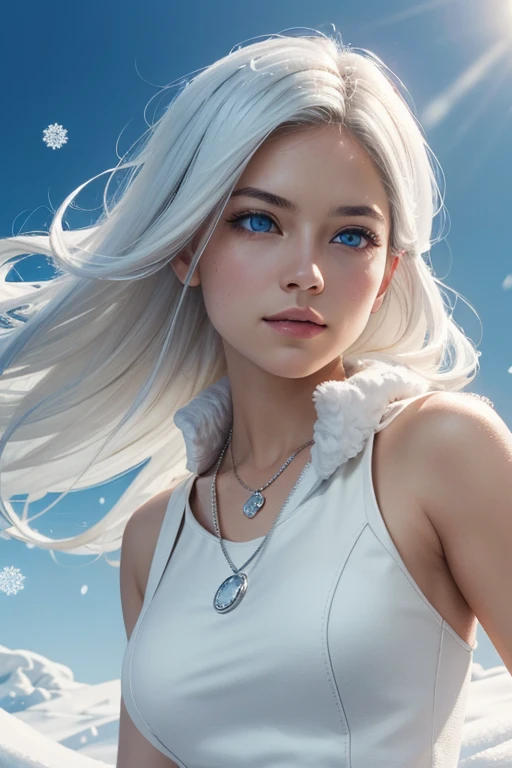 (masterpiece), best quality, ultra-detailed, realistic, dynamic pose, floating, snow, winter, (1girl), beautiful face, blue eyes, white hair, X-Men, Marvel Comics, silver diamond necklace, high resolution, (low key+high saturation):0.8, (subtle vignette+cinematic color grading):0.9.