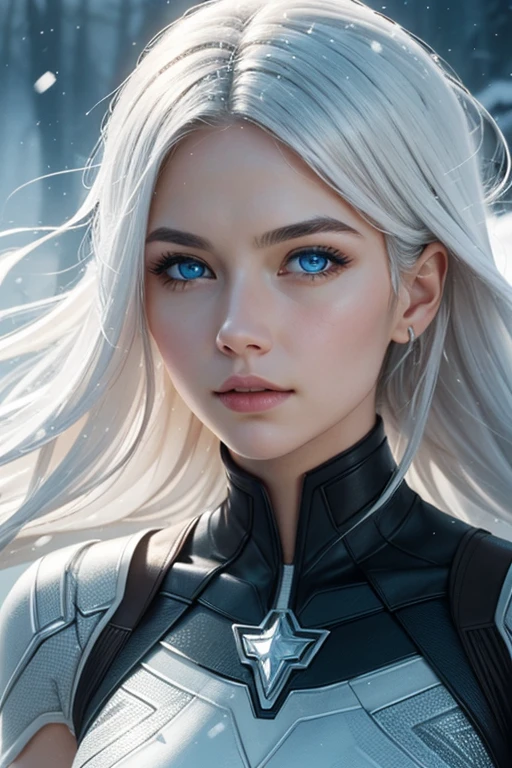 (masterpiece), best quality, ultra-detailed, realistic, dynamic pose, floating, snow, winter, (1girl), beautiful face, blue eyes, white hair, X-Men, Marvel Comics, silver diamond necklace, high resolution, (low key+high saturation):0.8, (subtle vignette+cinematic color grading):0.9.