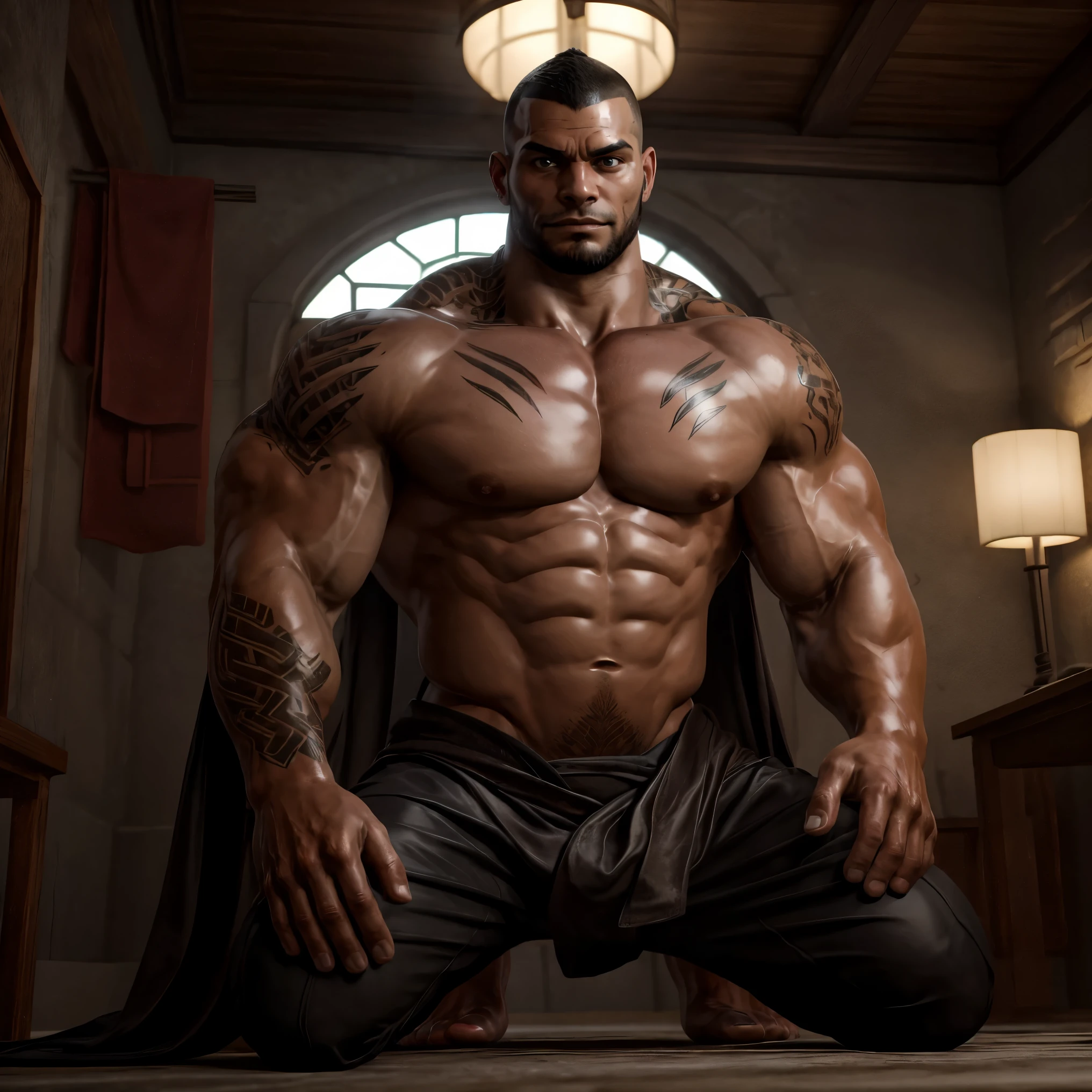 ultra realistic, unreal engine 5, james vega, dark skin, muscular, pectoral, abs, tattoo, buzz cut, beard, samurai, kimono, silk pants, kneeling, hands on knee, black eyes, smirk, raised eyebrows, looking at viewer,
