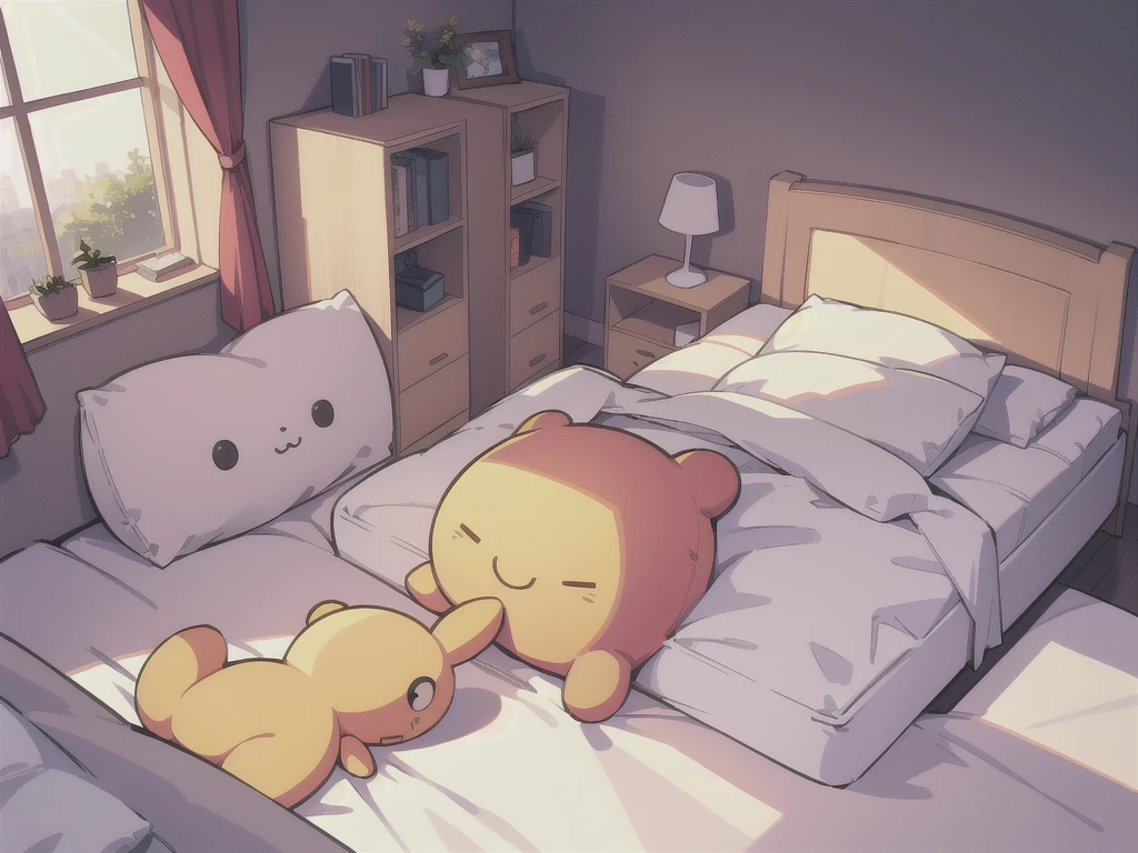 bed, top view, soft toys, pillows, photos, sun rays, window edge((not humans)),((background))