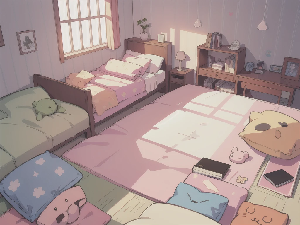 bed, top view, soft toys, pillows, photos, sun rays, window edge((not humans)),((background))