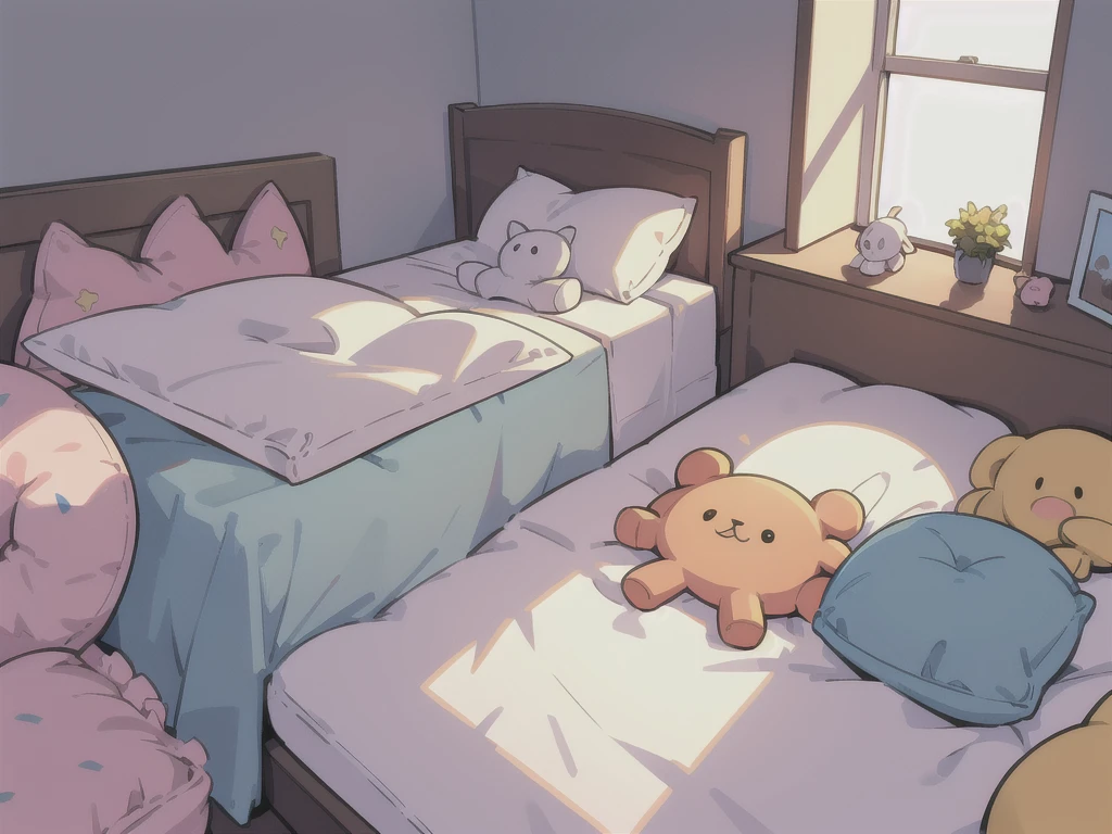 bed, top view, soft toys, pillows, photos, sun rays, window edge((not humans)),((background))