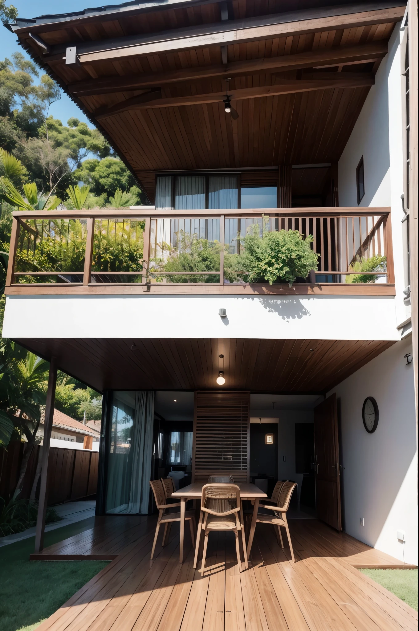 Uma fotografia de alta qualidade mostrando um ambiente elegante e moderno com deck e revestimentos de madeira.A madeira deve ser de alta qualidade, com uma cor quente e natural..A imagem deve ser capturada de uma perspectiva que mostre claramente o deck e o revestimento de madeira pegando a fachada da casa moderna