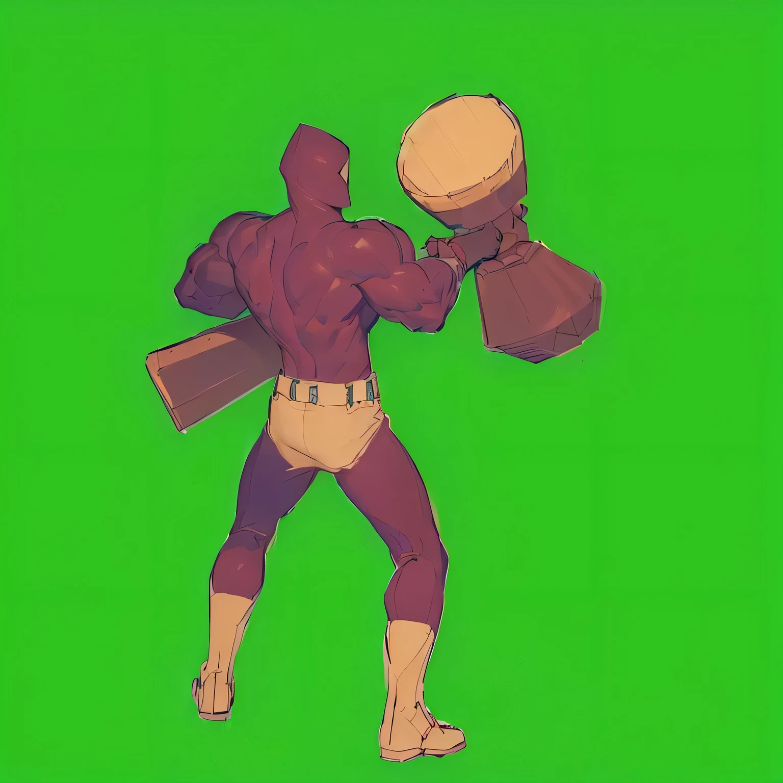 man in a bodysuit with red hood holding a large red hammer, rotoscoped, rotoscoping, fighting game character, muscular!!, back to the camera, heroic masculine pose, animation style render, muscular male hero, strong man, heroic stance pose