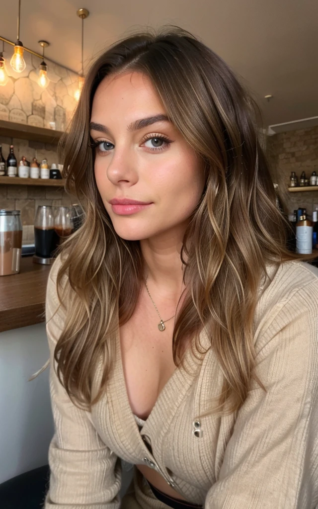 Belle brune aux reflets blonds portant un pull beige (In a cafe drinking soda), very detailed, 22 ans, visage innocent, natural wavy hair, yeux bleus, wavy hair, high resolution, chef-d'artwork, Best quality, Intricate details, very detailed, mise au point nette, detailed skin, texture de peau réaliste, texture, detailed eyes, professionnel, 4k, sourire charmant, filmed on Canon, 85 millimeters, faible profondeur de champ, Couleur Kodak Vision, corps parfaitement ajusté, Extremely detailed, photographier_\(ultra\), photorealistic, Realistic, Post-traitement, Maximum details, roughness, vrai vie, ultra realistic, photorealism, photographie, 8K UHD, photographie