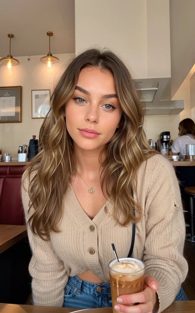 Belle brune aux reflets blonds portant un pull beige (In a cafe drinking soda), very detailed, 22 ans, visage innocent, natural wavy hair, yeux bleus, wavy hair, high resolution, chef-d'artwork, Best quality, Intricate details, very detailed, mise au point nette, detailed skin, texture de peau réaliste, texture, detailed eyes, professionnel, 4k, sourire charmant, filmed on Canon, 85 millimeters, faible profondeur de champ, Couleur Kodak Vision, corps parfaitement ajusté, Extremely detailed, photographier_\(ultra\), photorealistic, Realistic, Post-traitement, Maximum details, roughness, vrai vie, ultra realistic, photorealism, photographie, 8K UHD, photographie
