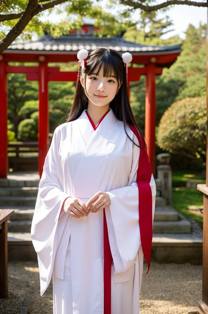 Red hakama, red Japanese style pants, the lower half of the costume is red, Main hall of the shrine, Shrine maiden, ((full body)), ((photo)), ((best qualtiy, 8K, tmasterpiece: 1.3)), Focus: 1.2, perfect figure beautiful girl: 1.4, 1girl, cowboy shot, look at viewer, incredibly absurd, beautiful and cute girl with a photorealistic face, showcasing top-quality craftsmanship, Japanese girl sweeping the garden at the shrine, , Her hair is half-up with smooth curls, glossy jet black long hair, Gentle features, Big deep brown eyes, Small face, Fair skin, Translucent, Smooth and silky skin, Natural eyebrow shape, Thin lips, Soft smile,, delicate, Well-balanced proportions, B cup small breasts, Simple and elegant shrine maiden costume, White robe and red hakama,, Beautiful girl, Clean, Healing, Moe, Elegant manners, Kind, Tolerant, Humble, Sincere, Deep faith, January